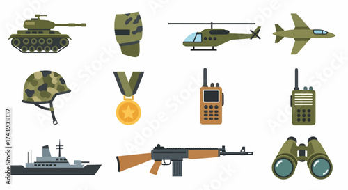 Flat Design Military Equipment and Vehicles Collection.