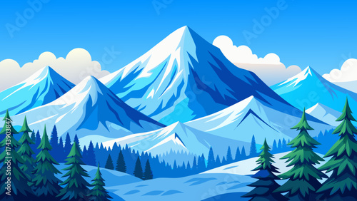 Illustration of snow covered mountains and evergreen trees