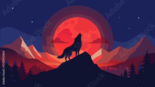 Silhouette of wolf howling at the moon over mountains