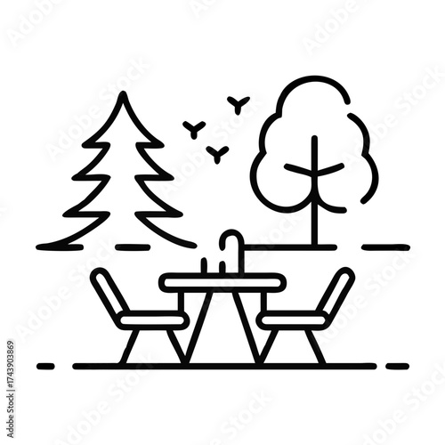 Outdoor picnic area with trees and birds in a minimalist style  