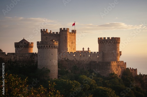The fortress at Cala en Basset bathed in sunset light