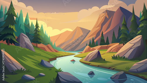 Cartoon landscape with river mountains and evergreen trees