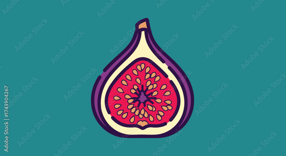 Obraz premium A colorful illustration of a sliced fig, featuring a red interior with seeds on teal background