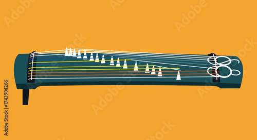 A vector illustration of a Japanese koto, a stringed instrument with a yellow background