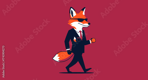 A walking fox wearing sunglasses and a suit. The fox is orange and white on a maroon background