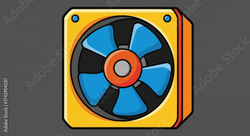 Cartoon illustration of a computer fan. Features bright blue fan blades and orange and yellow casing
