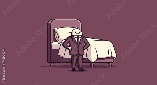 An egg-shaped figure in a suit stands by a bed. The illustration uses a limited color palette
