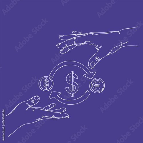 Minimalist Line Drawing of Hands Exchanging Currency Symbols with Circular Arrows on Solid