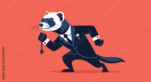 A ferret in a suit confidently strides holding a key. A keyhole detail. Red background