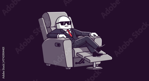 A stylized figure in a suit and shades reclines in a chair, against a dark purple background