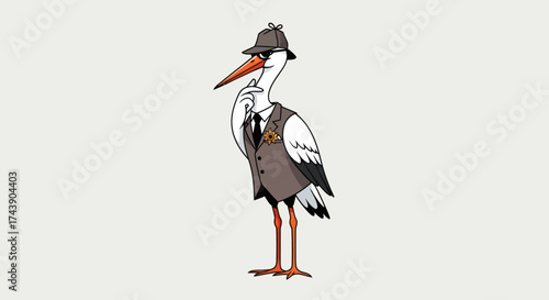 Cartoon stork, dressed as a detective in a hat, suit, and tie, contemplating a mystery