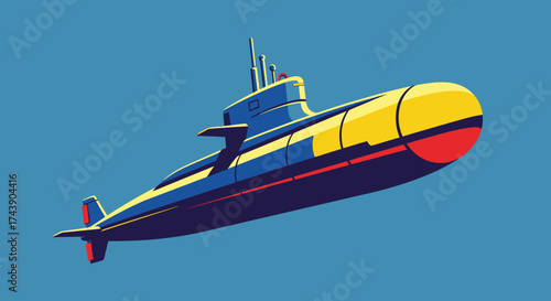 Vector illustration of a submarine with yellow, blue, and red accents against a blue background