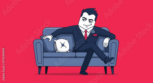 A confident man in a suit sits on a blue couch against a red backdrop with a pillow