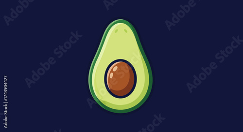 A stylized illustration of a halved avocado featuring a brown pit on a dark blue background