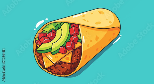 A stylized illustration of a fully loaded burrito on a teal background