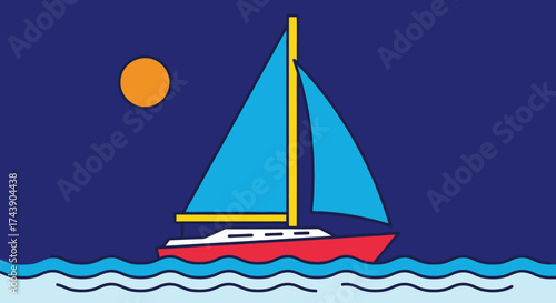 A brightly colored cartoon sailboat sails at night beneath a round orange sun
