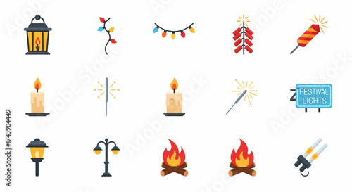 A colorful flat icon set of various light sources fireworks and festive decorations.