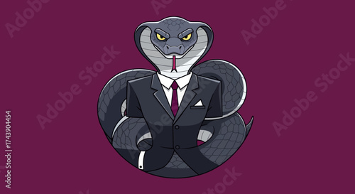 A stern-faced cobra wearing a tailored suit, positioned against a deep red background