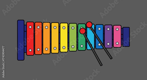 Colorful, illustrated xylophone with mallets, featuring a rainbow of bars, on a gray background