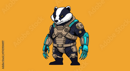An illustration of a cyborg badger in armor, set against an orange backdrop