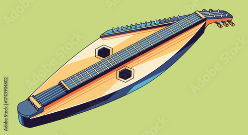 Stylized illustration of a folk instrument with a flat body and multiple strings