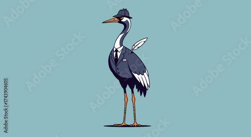 A heron in detective attire, wearing a suit, hat, and carrying a feather, on blue backdrop