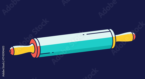 Colorful cartoon rolling pin on a dark blue background with highlighted details