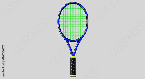 A blue and green tennis racket with a black grip on a gray background
