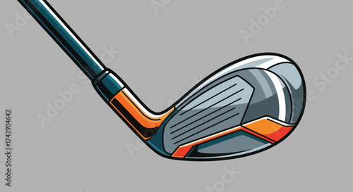Illustration of a golf club, with a gray head and teal, orange, and black details