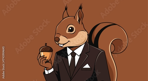 A dapper cartoon squirrel in a suit holds an acorn. Neutral brown background. Detailed illustration