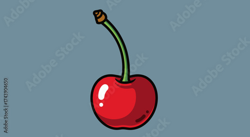 Cartoon-style illustration of a single cherry with a green stem against a muted gray background
