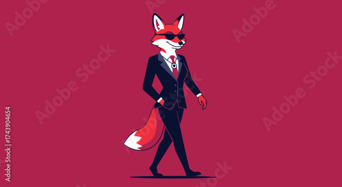 A walking anthropomorphic fox in a suit and sunglasses against a maroon background