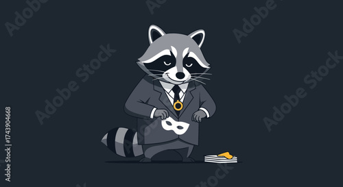 A cartoon raccoon in a suit holds a mask, smiling, with money nearby