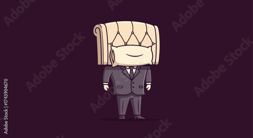 A cartoon businessman with a scroll for a head and a pillow face, smiling