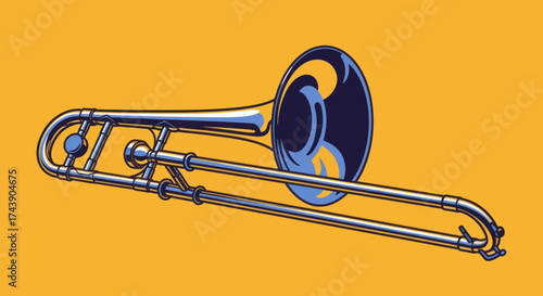 A vector illustration of a shiny trombone in blue and silver, set against a goldenrod background
