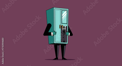 A whimsical illustration of a cabinet-headed figure in a suit, standing on a purple background
