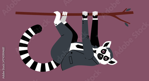 A ring-tailed lemur wearing a business suit hangs upside down from a branch