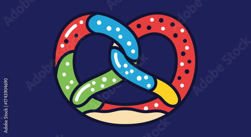 A colorful pretzel illustration against a deep blue background. Graphic of a baked treat, detailed and vibrant