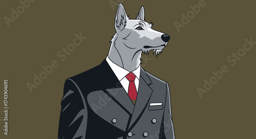 Cartoon depiction of a wolf wearing a business suit against a brown background