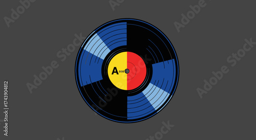 A stylized record with segmented blue and black grooves, yellow/red center, "A Side" label