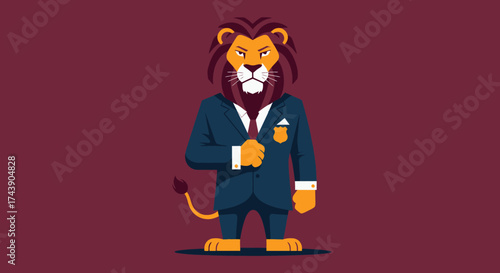 A regal lion in a dark blue suit and a badge, standing confidently