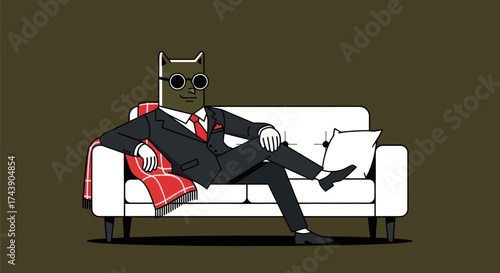 Cartoon cat figure in a suit and sunglasses relaxes on a couch with a red blanket