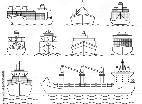 Cargo ship line drawing, maritime transport illustration, container vessels, bulk carriers, front view, side view, ocean freight, naval architecture, vector style, minimal, sketch
