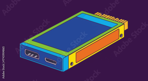 Colorful geometric illustration of a rectangular tech device with ports and connector pins