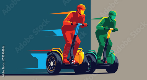 Two figures ride self-balancing scooters, one red, one green, with speed lines