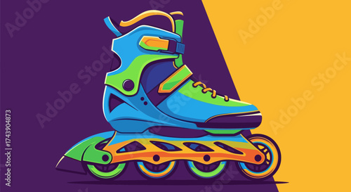 Colorful illustration of a roller skate, with shades of blue, green, orange, and yellow against a gradient background