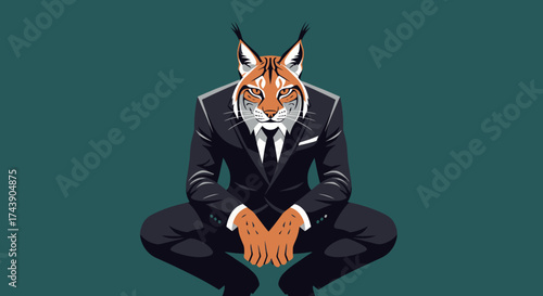 An anthropomorphic lynx in a suit squats, hands clasped, against a teal backdrop