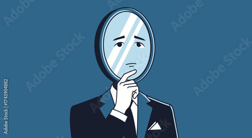 A person with a mirror for a face, dressed in a suit, pondering, with a blue background