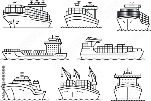 Cargo ship line icons, container vessel illustration, freight transport vector, shipping industry elements, maritime logistics symbols, ocean transportation design, global trade shipping container set