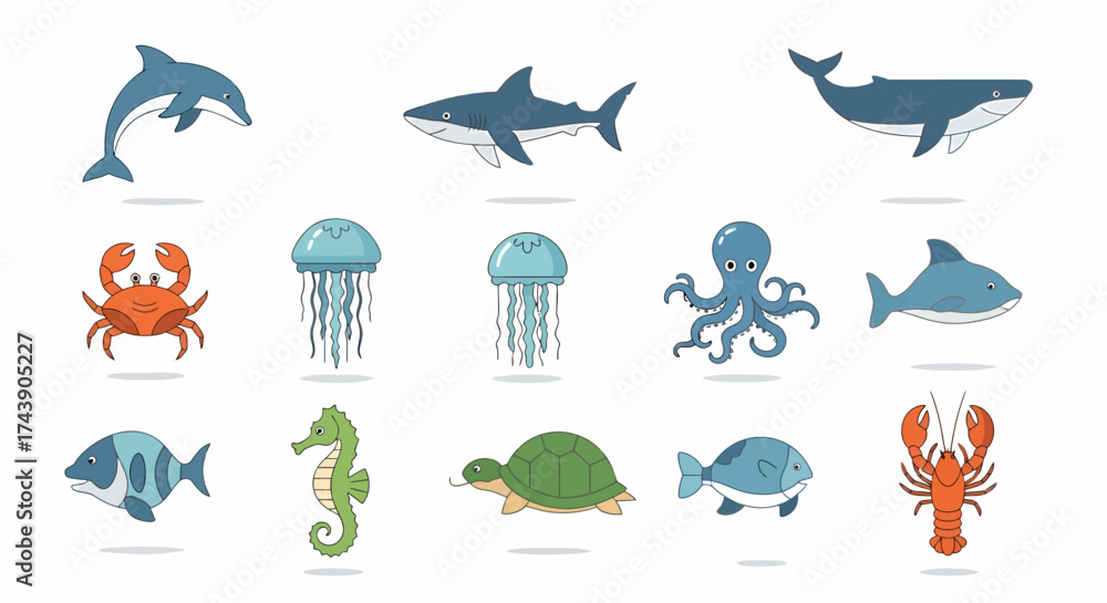 Obraz premium Collection of Diverse Marine Animals - Dolphin, Shark, Whale, Crab, Jellyfish, Octopus, Lobster, Turtle, Seahorse, and Fish.